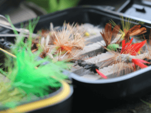 a box of colorful fly fishing flies